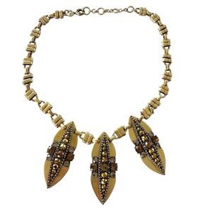 J. Crew Gold Tone Crystal Three Leaf Statement Necklace Amber Clear Stone